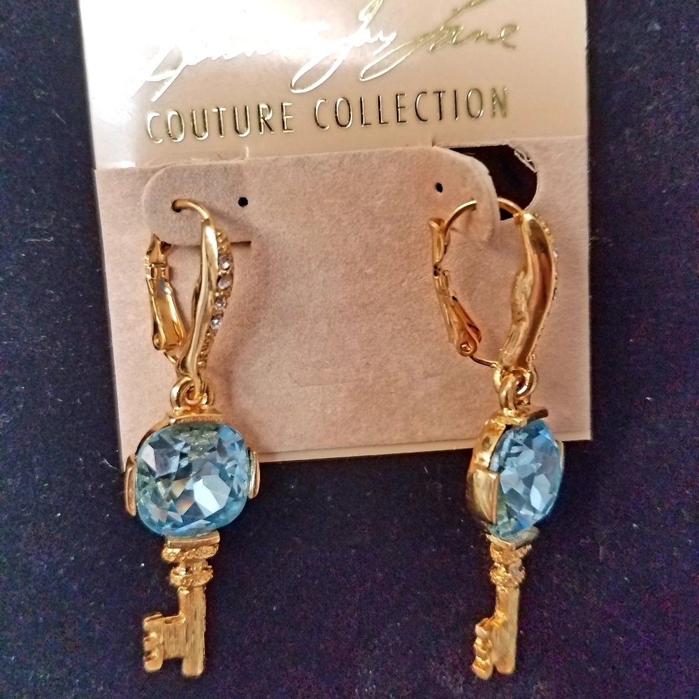Kenneth Jay Lane Gold Key Drop Earrings with Blue Stones